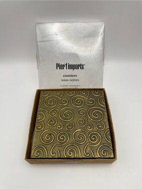 Pier 1 Imports, Embossed Metal Coasters, Bronze-toned Swirl Pattern, 4x4, India